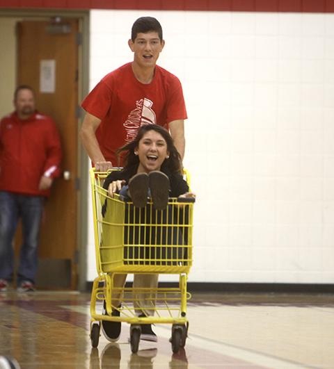 Will Long pushes Kayma Brand during the WHS homecoming pep rally.